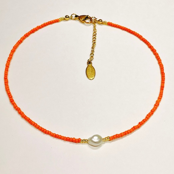 Handmade natural fresh water Pearl & orange glass seed bead necklace - Picture 3 of 4